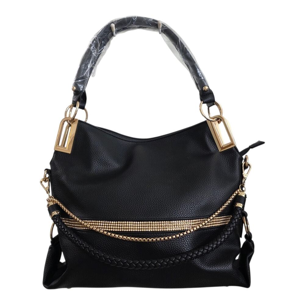 DASEIN Black Vegan Leather Satchel Purse Crossbody Bag Gold Chain w/ Dust Bag